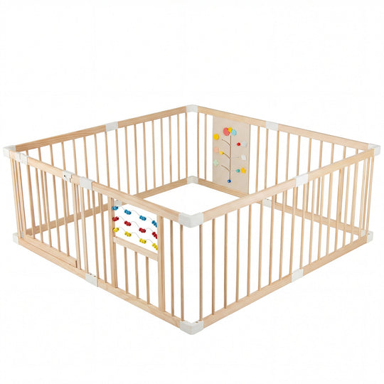 Wooden Baby Playpen Adjustable Large Play Yard for Infants-Natural
