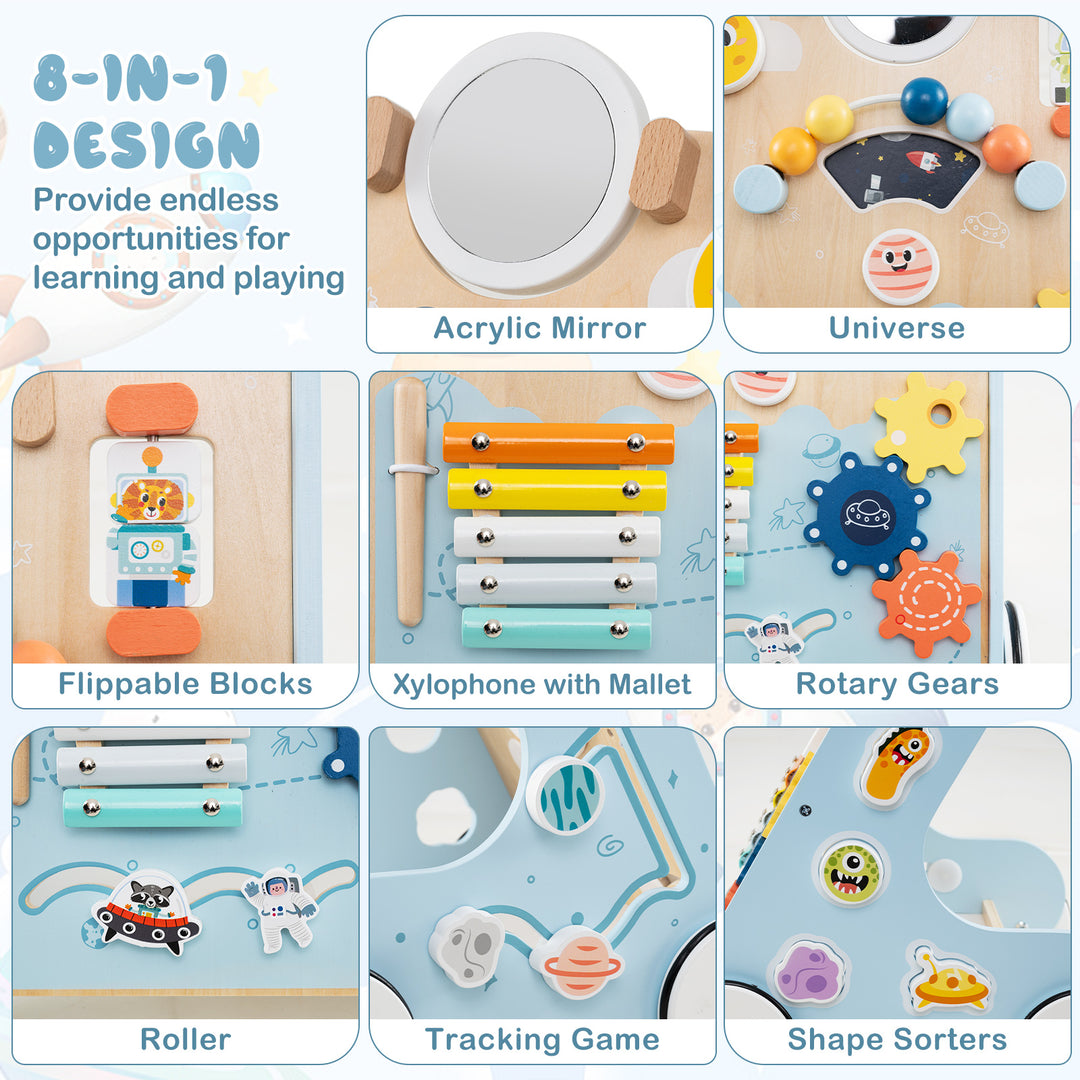 Wooden Baby Walker Push and Pull Learning Activity Center with Wheels for Toddlers 1+ Years Old-Blue