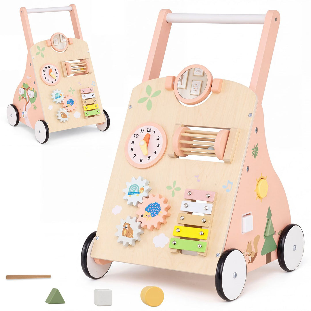 Wooden Baby Walker with 7-in-1 Activity Center and Adjustable Height for 12+ Months Olds