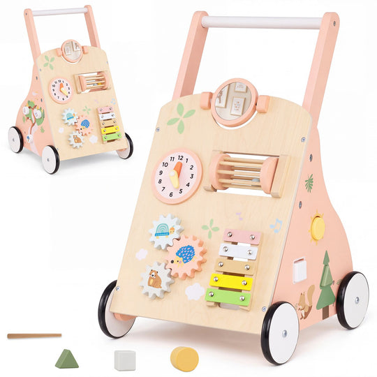 Wooden Baby Walker with 7-in-1 Activity Center and Adjustable Height for 12+ Months Olds