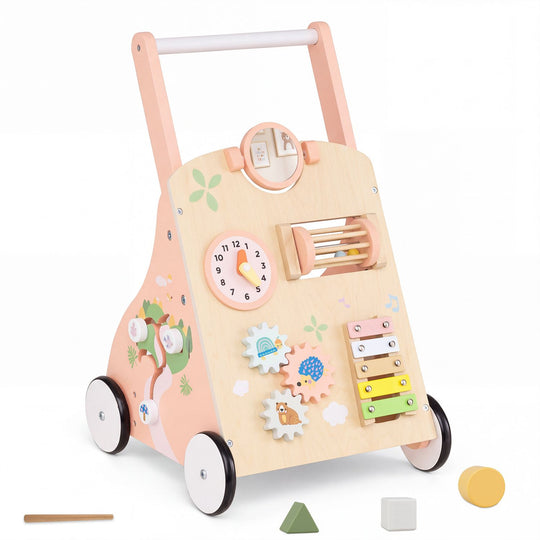 Wooden Baby Walker with 7-in-1 Activity Center and Adjustable Height for 12+ Months Olds