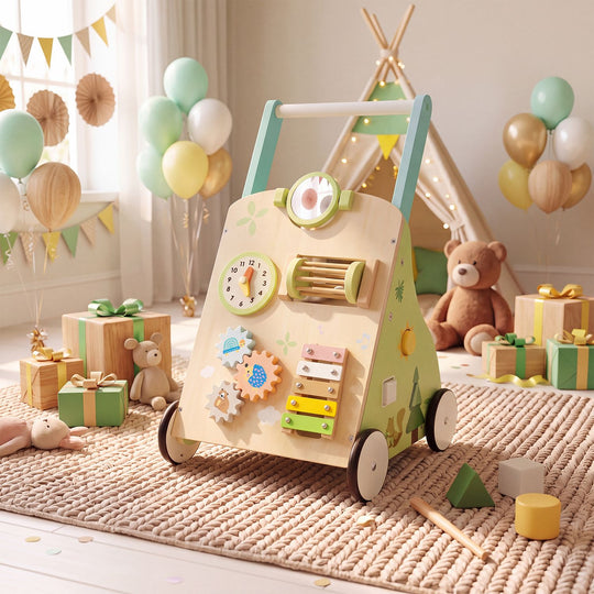 Wooden Baby Walker with 7-in-1 Activity Center and Adjustable Height for 12+ Months Olds