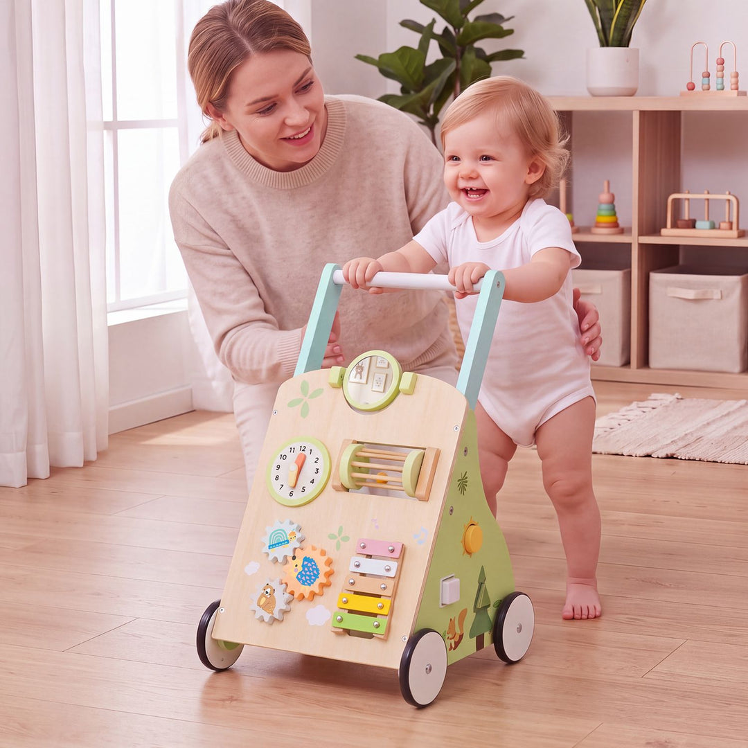 Wooden Baby Walker with 7-in-1 Activity Center and Adjustable Height for 12+ Months Olds