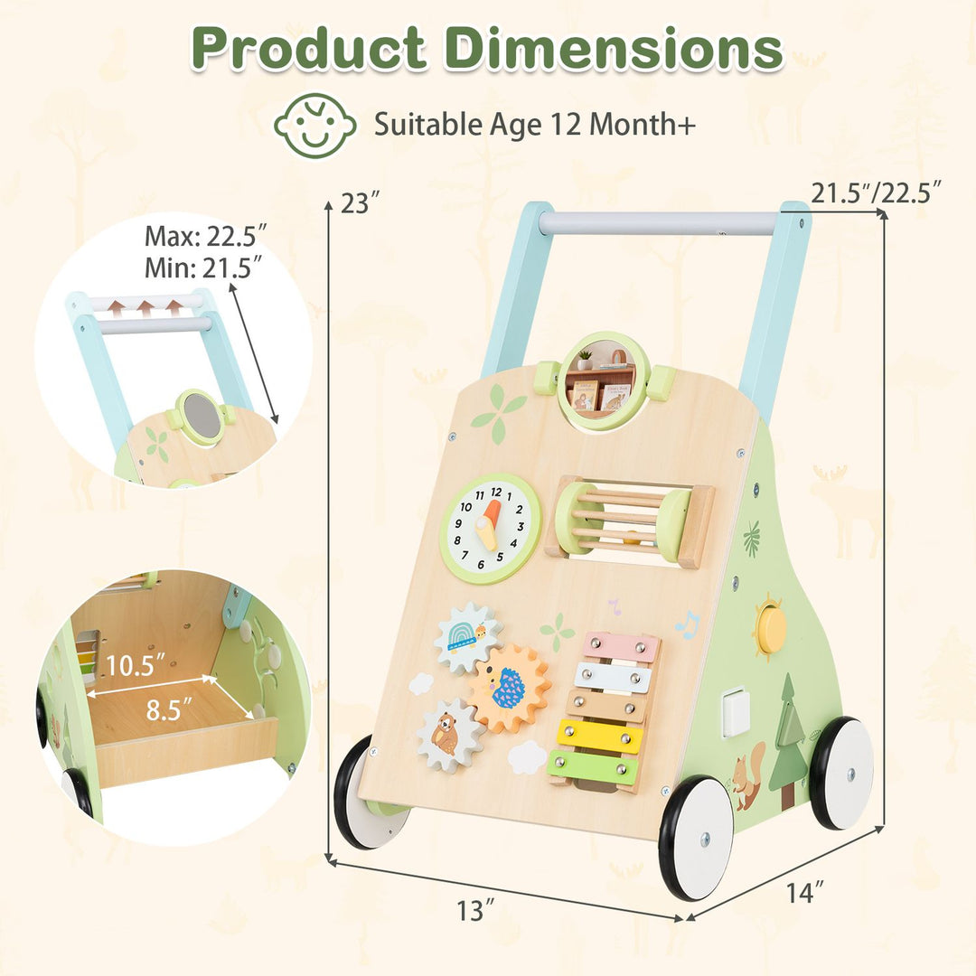 Wooden Baby Walker with 7-in-1 Activity Center and Adjustable Height for 12+ Months Olds