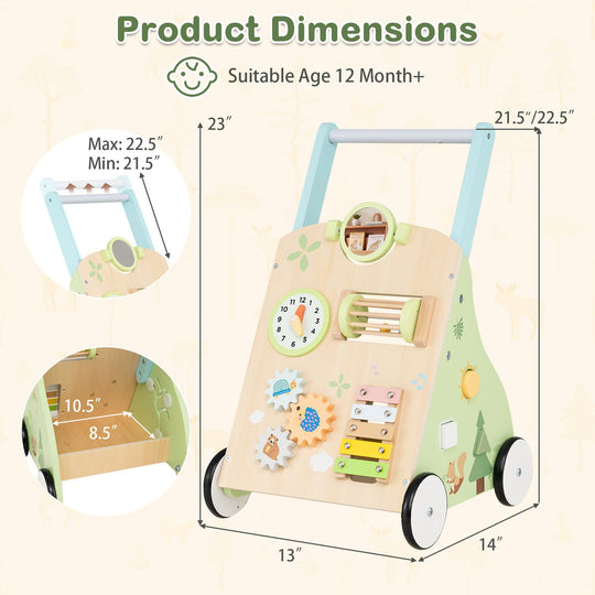 Wooden Baby Walker with 7-in-1 Activity Center and Adjustable Height for 12+ Months Olds