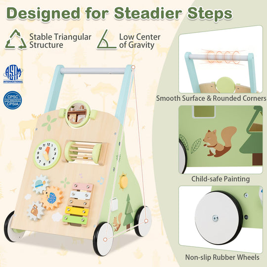 Wooden Baby Walker with 7-in-1 Activity Center and Adjustable Height for 12+ Months Olds