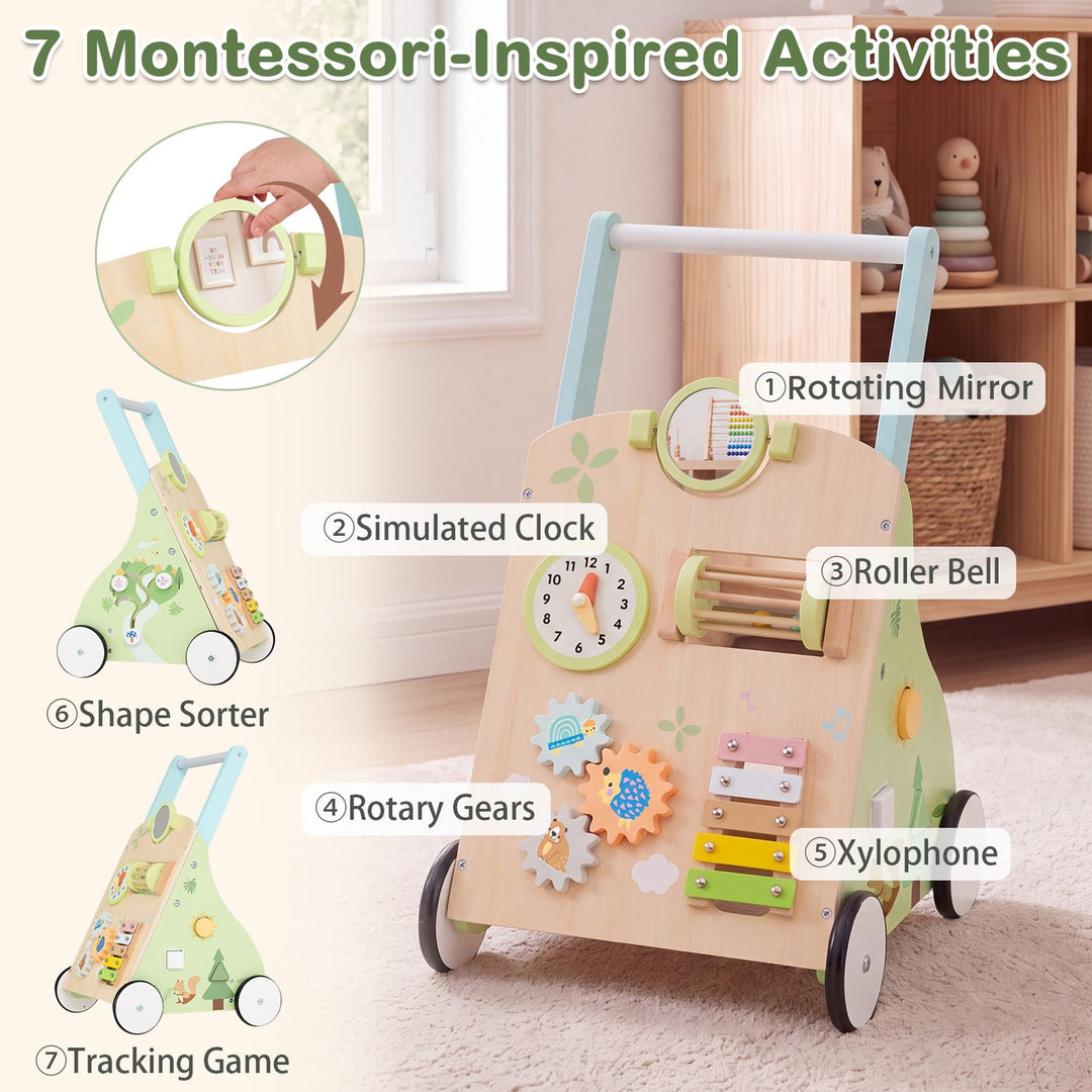 Wooden Baby Walker with 7-in-1 Activity Center and Adjustable Height for 12+ Months Olds
