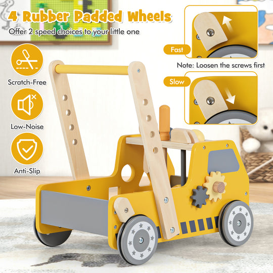 2-in-1 Wooden Baby Walker with Adjustable Speed and Bottom Storage-Yellow