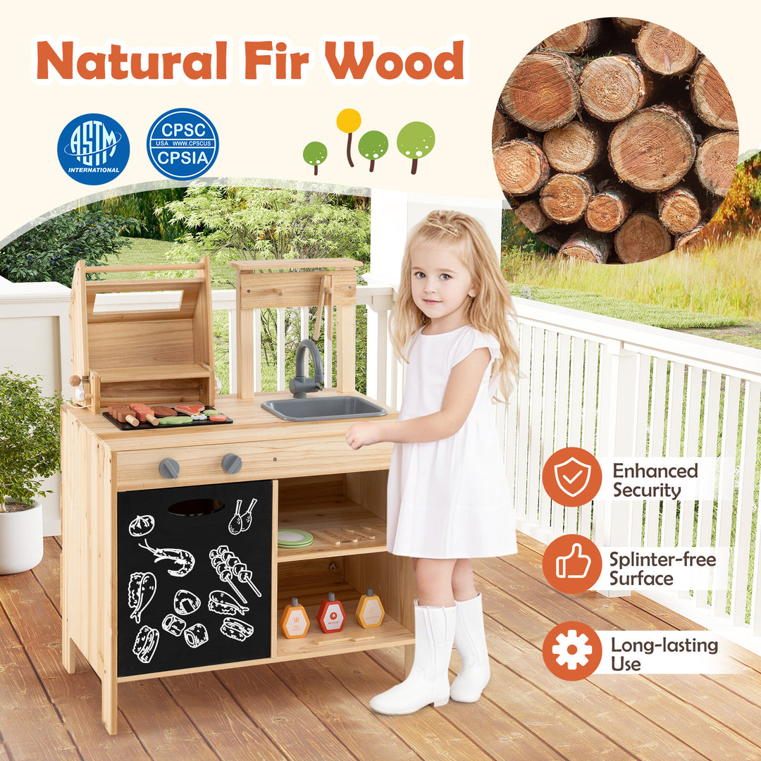 Wooden Barbecue Grill Playset with Chalkboard and Sink and Cabinet-Natural