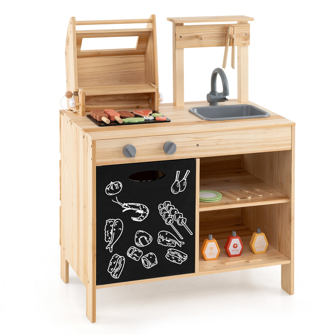 Wooden Barbecue Grill Playset with Chalkboard and Sink and Cabinet-Natural