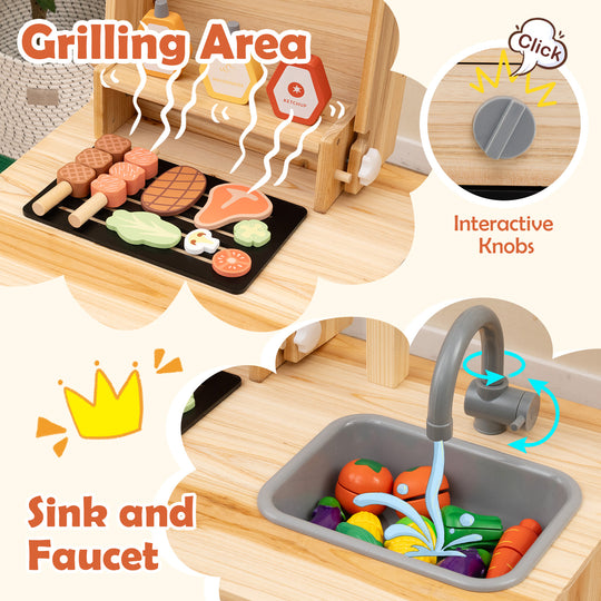 Wooden Barbecue Grill Playset with Chalkboard and Sink and Cabinet-Natural