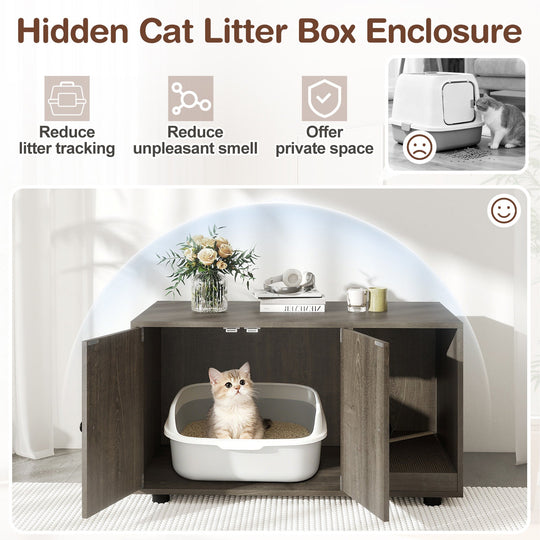 Wooden Cat Litter Box Enclosure Hidden Litter Box Furniture with Scratching Board