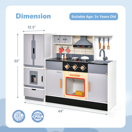 Wooden Chef Play Kitchen and Refrigerator with Realistic Range Hood and Roaster