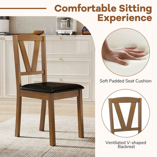 Wooden Dining Chair Set of 2 with PU Leather Upholstered and Rubber Wood Frame-Brown
