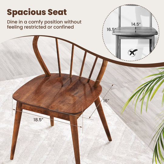 Wooden Dining Chair Set of 2 with High Spindle Back and Wide Seat