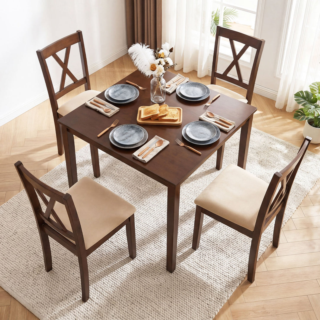 Wooden Dining Chairs Set of 4 Fabric Upholstered Kitchen Chairs-Walnut