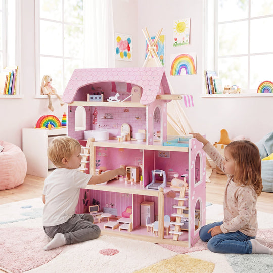 Wooden Dollhouse with 33 Furniture Pieces - 3 Story Playhouse