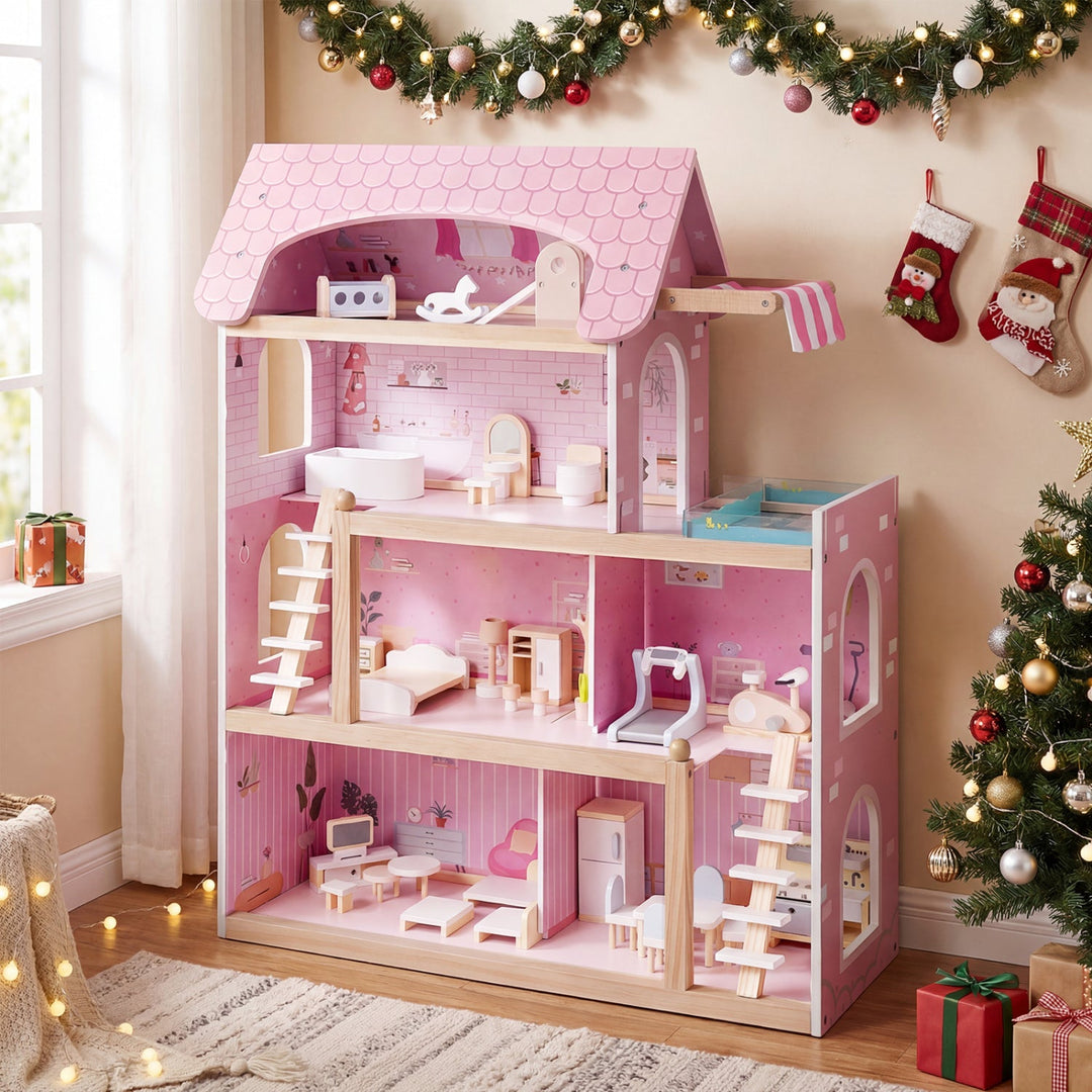 Wooden Dollhouse with 33 Furniture Pieces - 3 Story Playhouse
