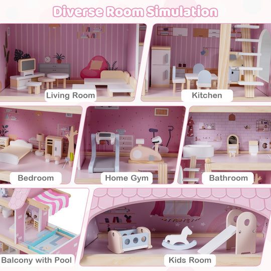 Wooden Dollhouse with 33 Furniture Pieces - 3 Story Playhouse