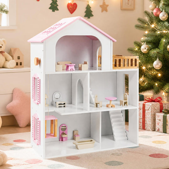 Wooden Dollhouse with 5 Rooms and Furniture for Kids