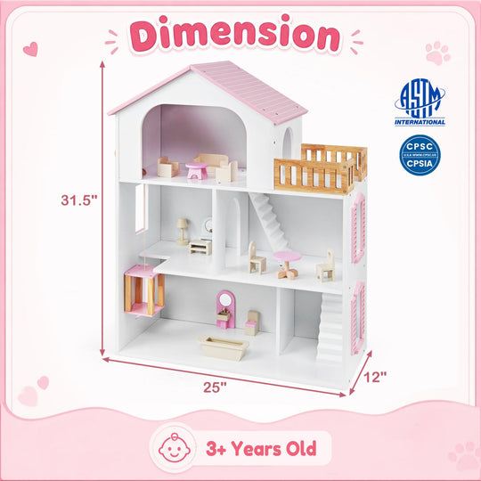 Wooden Dollhouse with 5 Rooms and Furniture for Kids