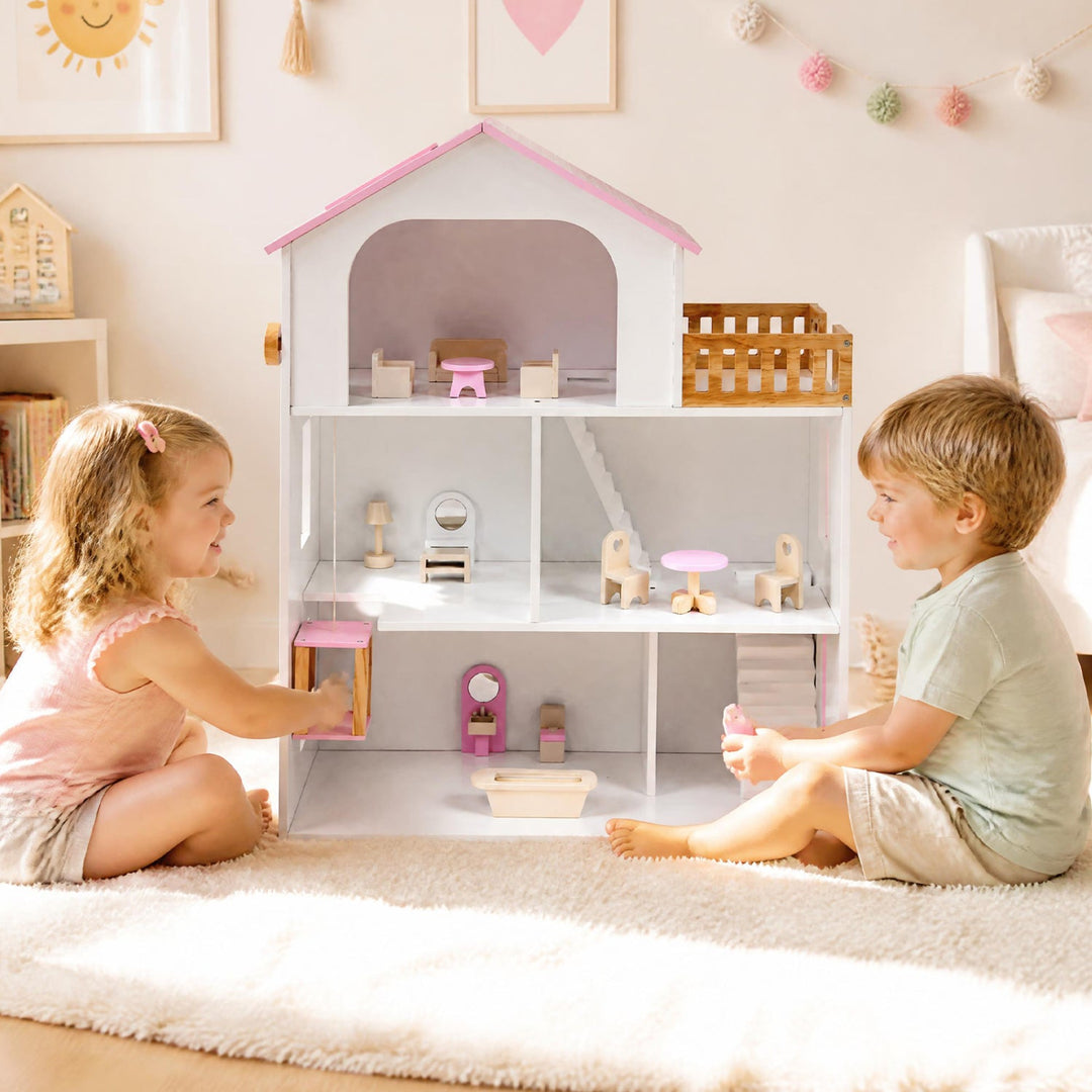 Wooden Dollhouse with 5 Rooms and Furniture for Kids