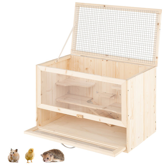 Wooden Hamster Cage with Mesh Flip Roof-Natural