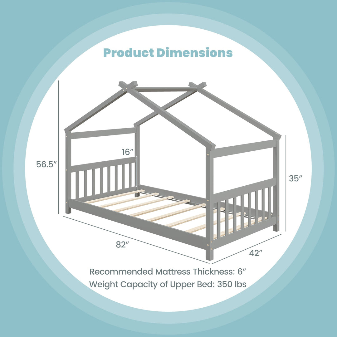 Twin Size Wooden House Bed with Roof
