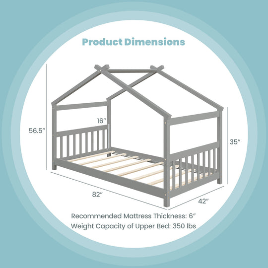 Twin Size Wooden House Bed with Roof