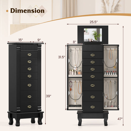 Wooden Jewelry Armoire Cabinet Storage Chest with Drawers and Swing Doors