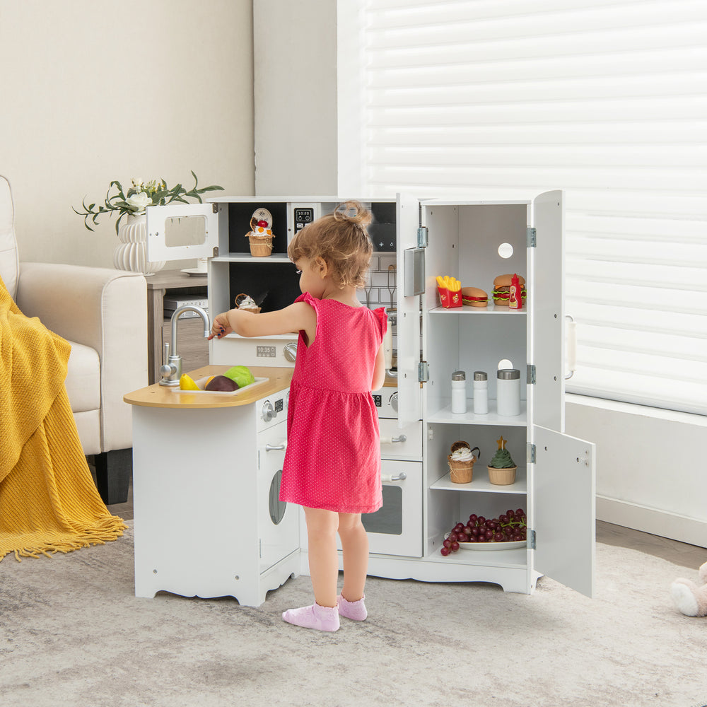 Wooden Kid's Corner Kitchen Playset with Stove for Toddlers-Natural & White