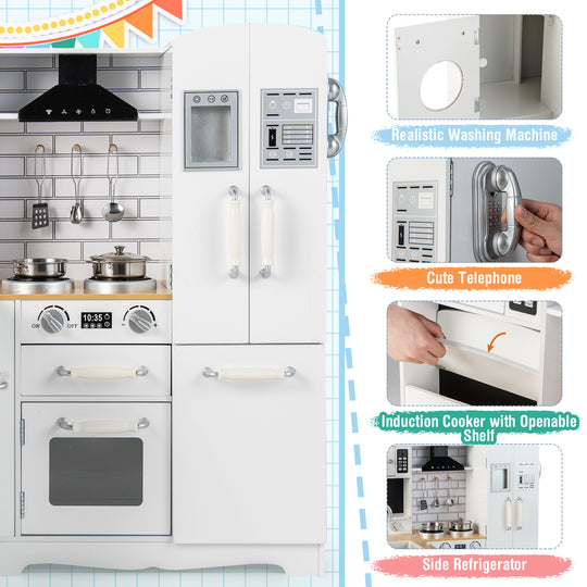 Wooden Kid's Corner Kitchen Playset with Stove for Toddlers-Natural & White