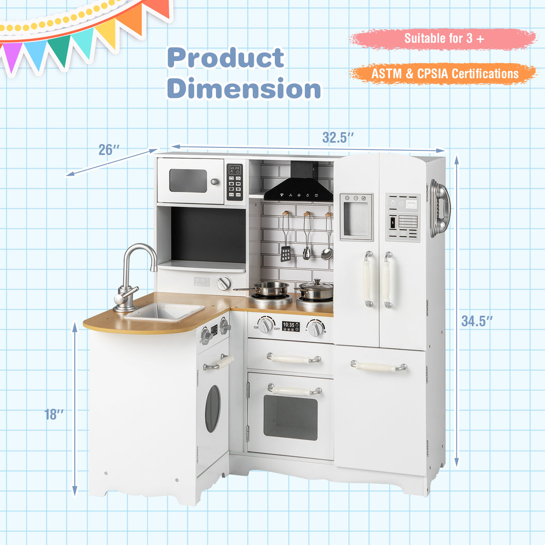 Wooden Kid's Corner Kitchen Playset with Stove for Toddlers-Natural & White