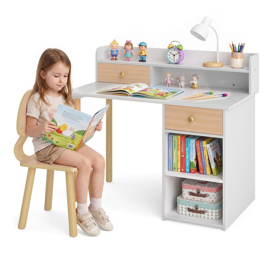 Wooden Kids Desk and Chair Set with Hutch and Drawer for Bedroom