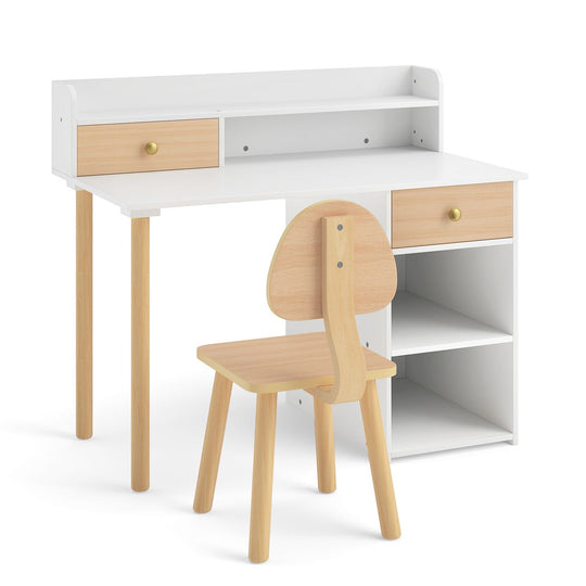 Wooden Kids Desk and Chair Set with Hutch and Drawer for Bedroom