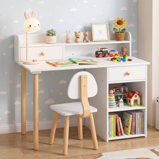 Wooden Kids Desk and Chair Set with Hutch and Drawer for Bedroom