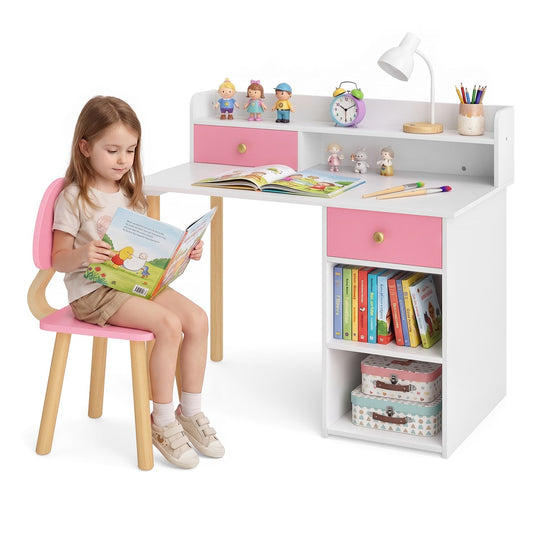 Wooden Kids Desk and Chair Set with Hutch and Drawer for Bedroom