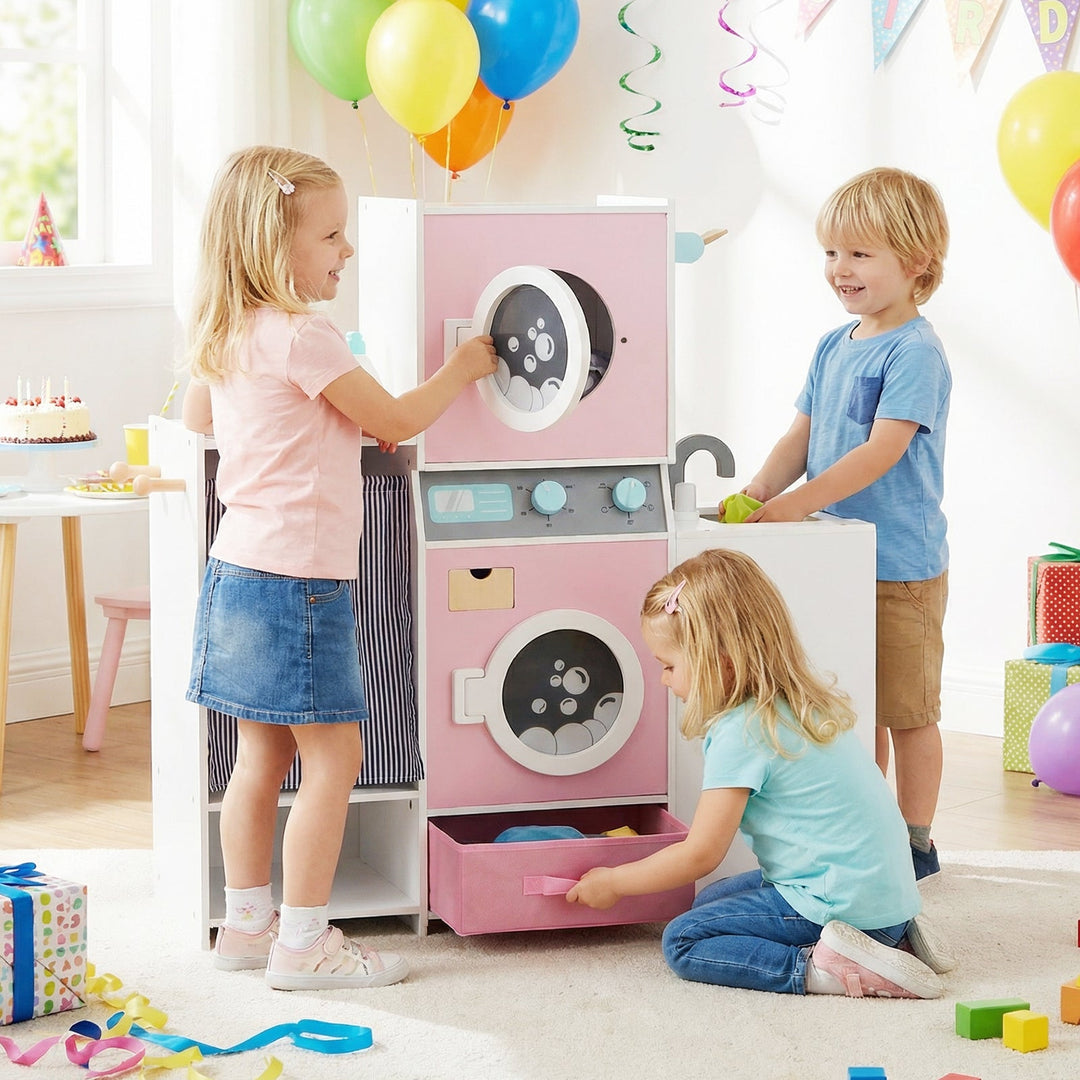 Wooden Kids Laundry Playset with Laundry Detergent Bottle and Clothes Hangers-Pink