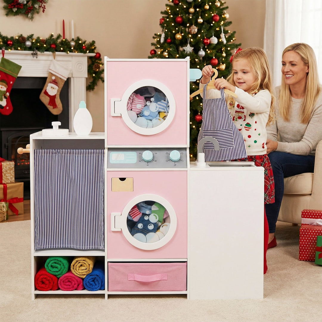 Wooden Kids Laundry Playset with Laundry Detergent Bottle and Clothes Hangers-Pink