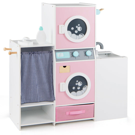 Wooden Kids Laundry Playset with Laundry Detergent Bottle and Clothes Hangers-Pink