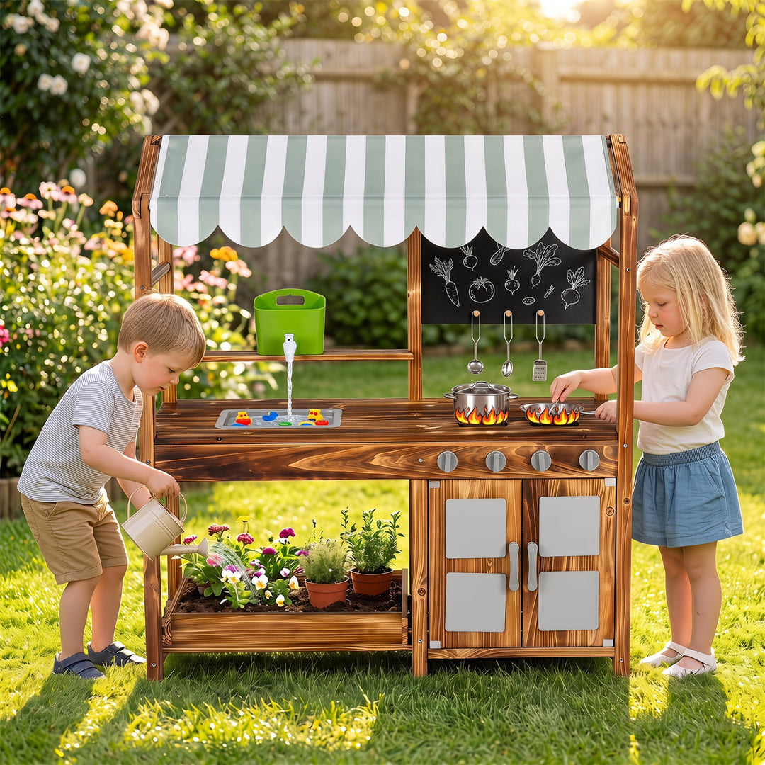 Wooden Mud Kitchen with 8 Accessories & Chalkboard for Kids 3+