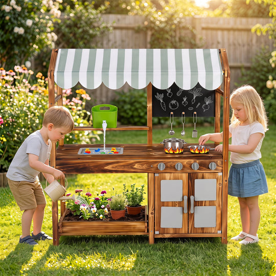 Wooden Mud Kitchen with 8 Accessories & Chalkboard for Kids 3+