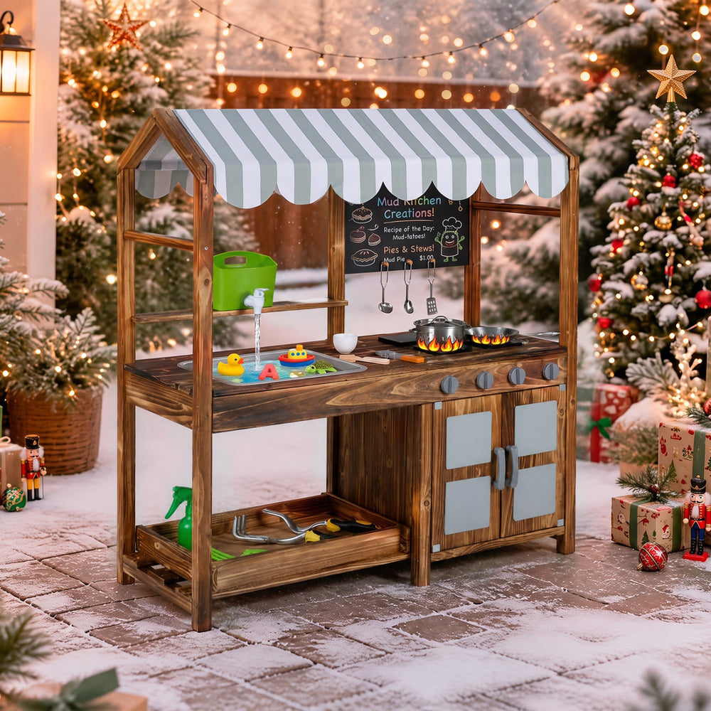 Wooden Mud Kitchen with 8 Accessories & Chalkboard for Kids 3+