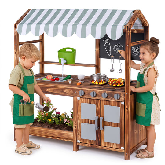 Wooden Mud Kitchen with 8 Accessories & Chalkboard for Kids 3+