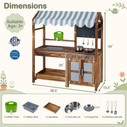Wooden Mud Kitchen with 8 Accessories & Chalkboard for Kids 3+