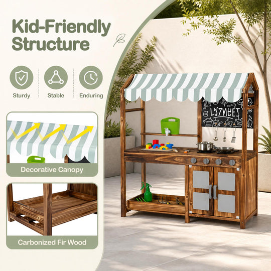Wooden Mud Kitchen with 8 Accessories & Chalkboard for Kids 3+