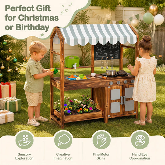 Wooden Mud Kitchen with 8 Accessories & Chalkboard for Kids 3+