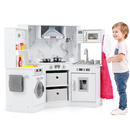Wooden Kids Play Kitchen Playset with Realistic Lights and Sounds