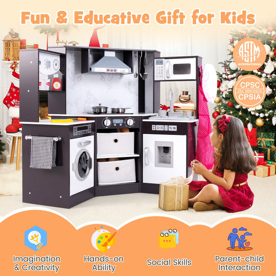 Wooden Kids Play Kitchen Playset with Realistic Lights and Sounds