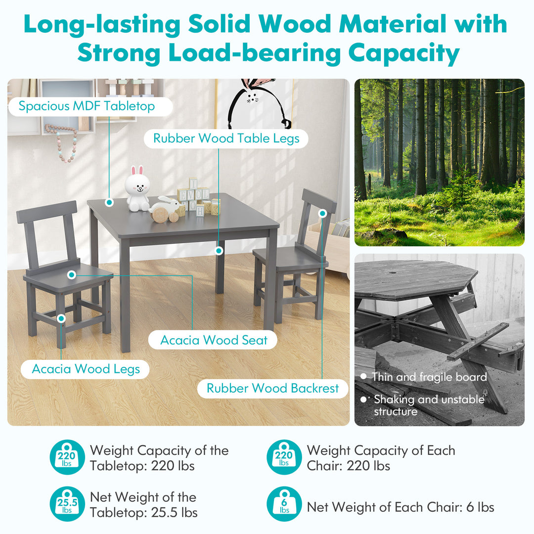 Wooden Kids Table and 2 Chairs Set with Anti-slip Foot Pads-Gray